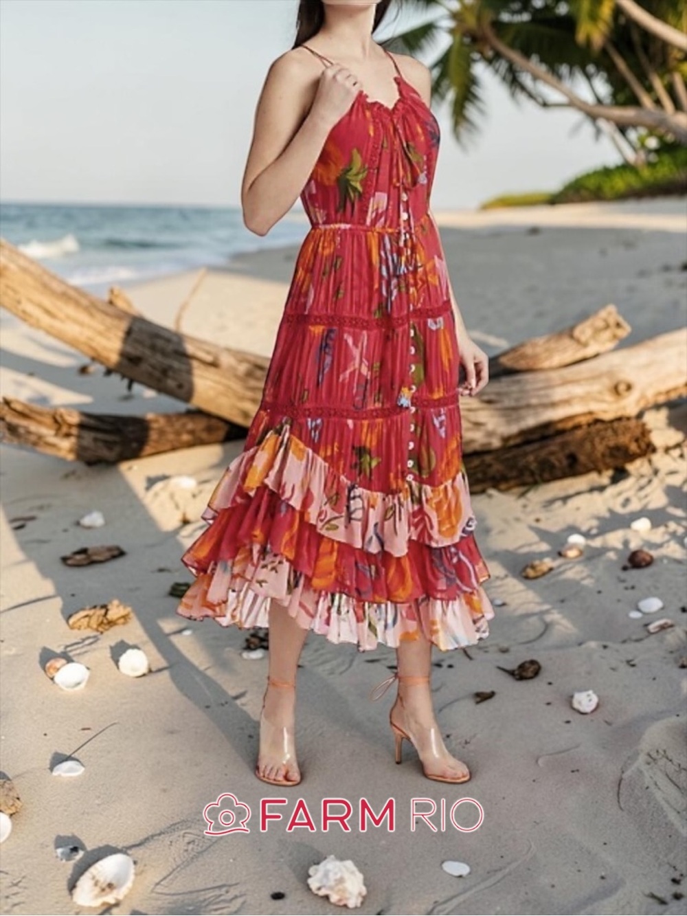 FARM Rio Mixed Fruits Ocean Maxi Dress Tropical Tiered Ruffle Sz L NWOT - Picture 4 of 6